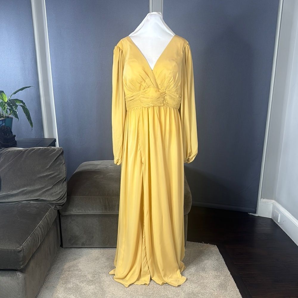 Women’s Full Length Long Sleeve Chiffon V-Neck Formal Dress Corset Back Size 16